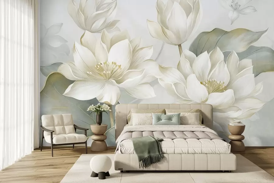 fototapeter Lotusblomster med struktur og delikate kronblader, store, mattgrønne blader w10027