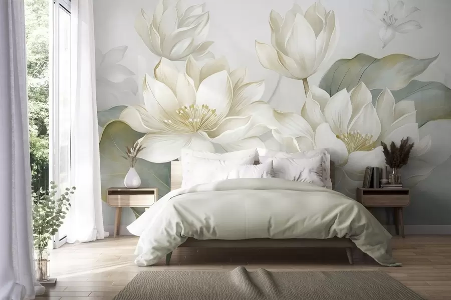 fototapeter Lotusblomster med struktur og delikate kronblader, store, mattgrønne blader w10027