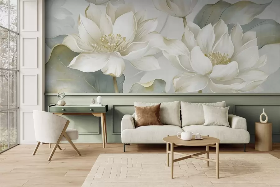 fototapeter Lotusblomster med struktur og delikate kronblader, store, mattgrønne blader w10027