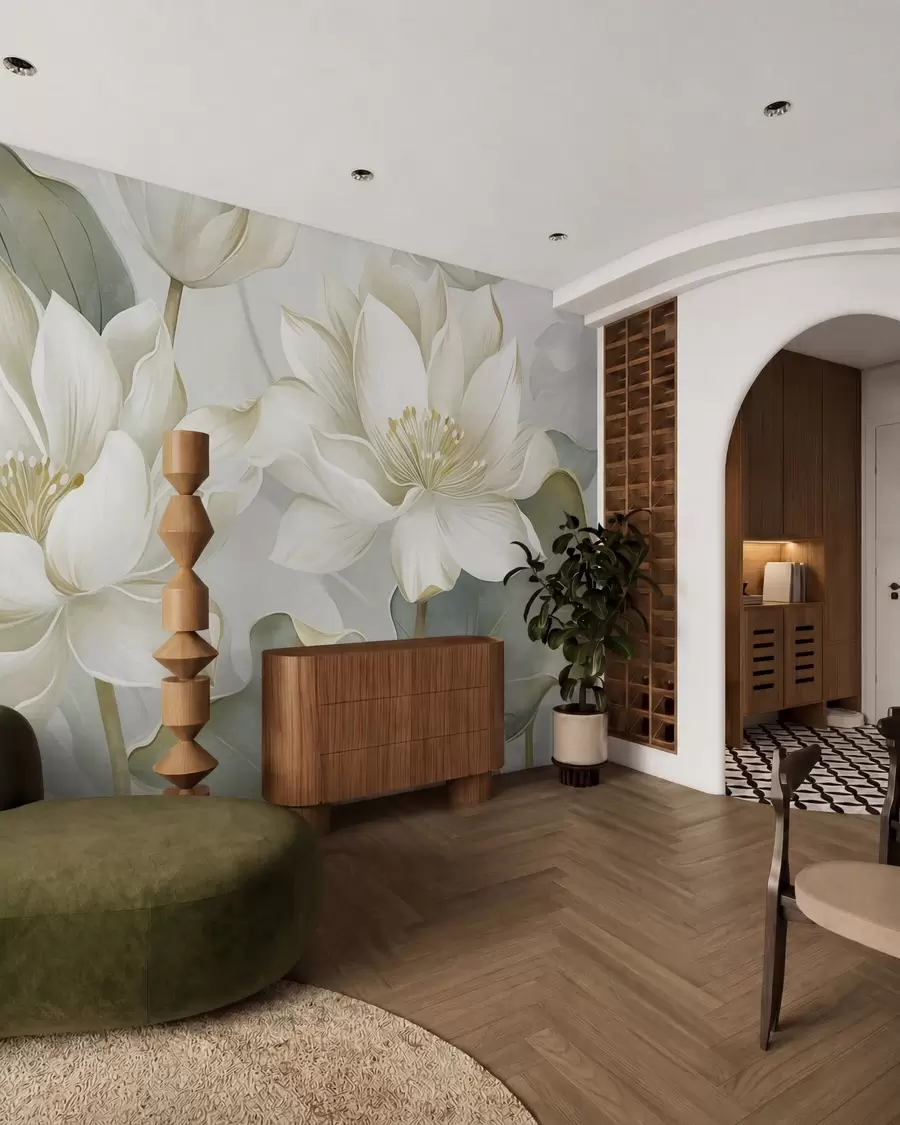 fototapeter Lotusblomster med struktur og delikate kronblader, store, mattgrønne blader w10027