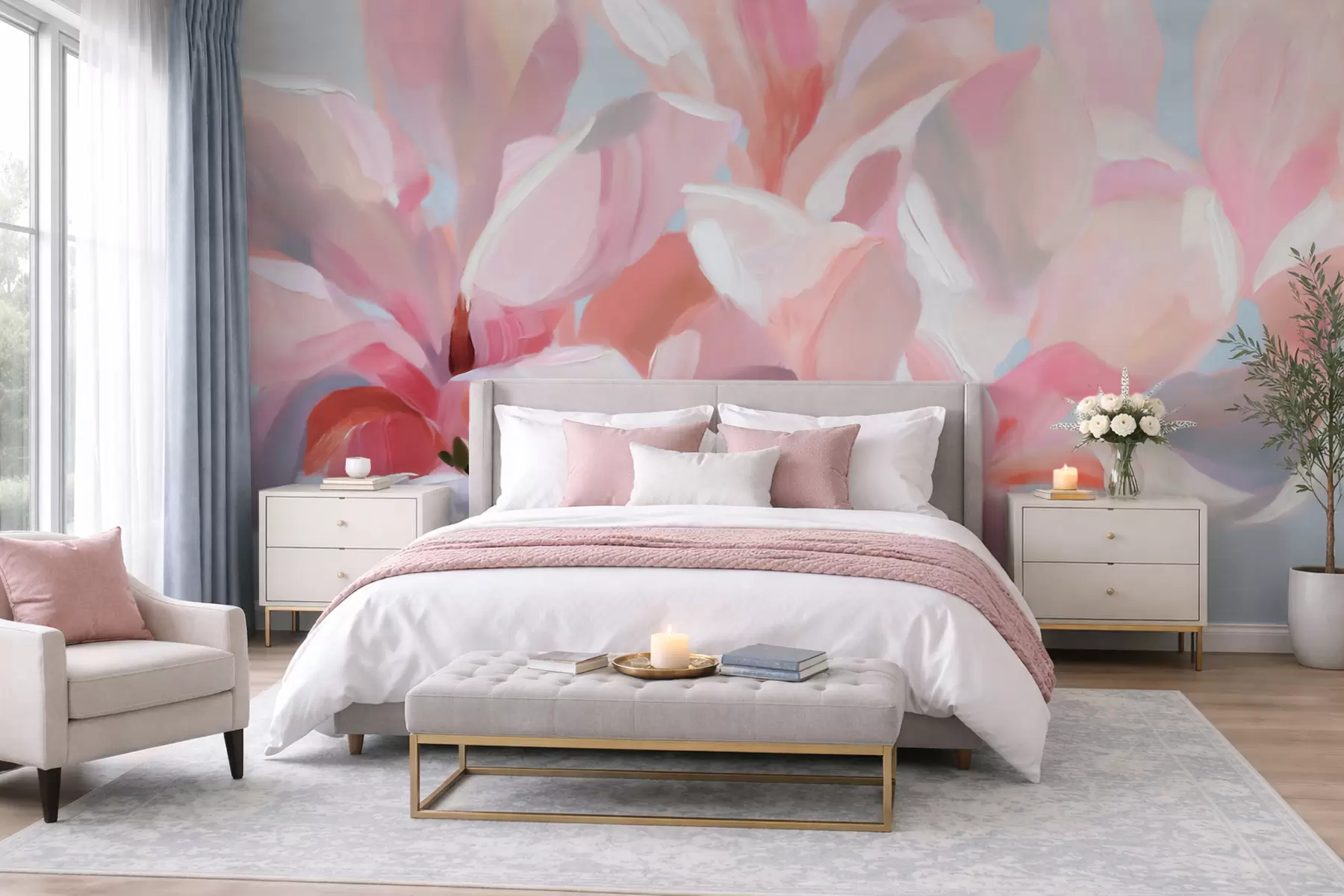 fototapeter Nærbilde av en rosa magnolia, i en imiterende, myk, malerisk stil w10043