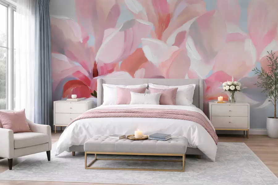 fototapeter Nærbilde av en rosa magnolia, i en imiterende, myk, malerisk stil w10043