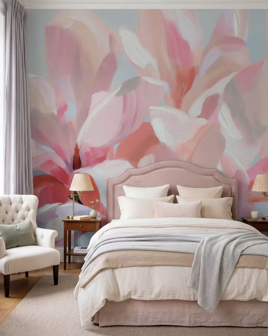 fototapeter Nærbilde av en rosa magnolia, i en imiterende, myk, malerisk stil w10043