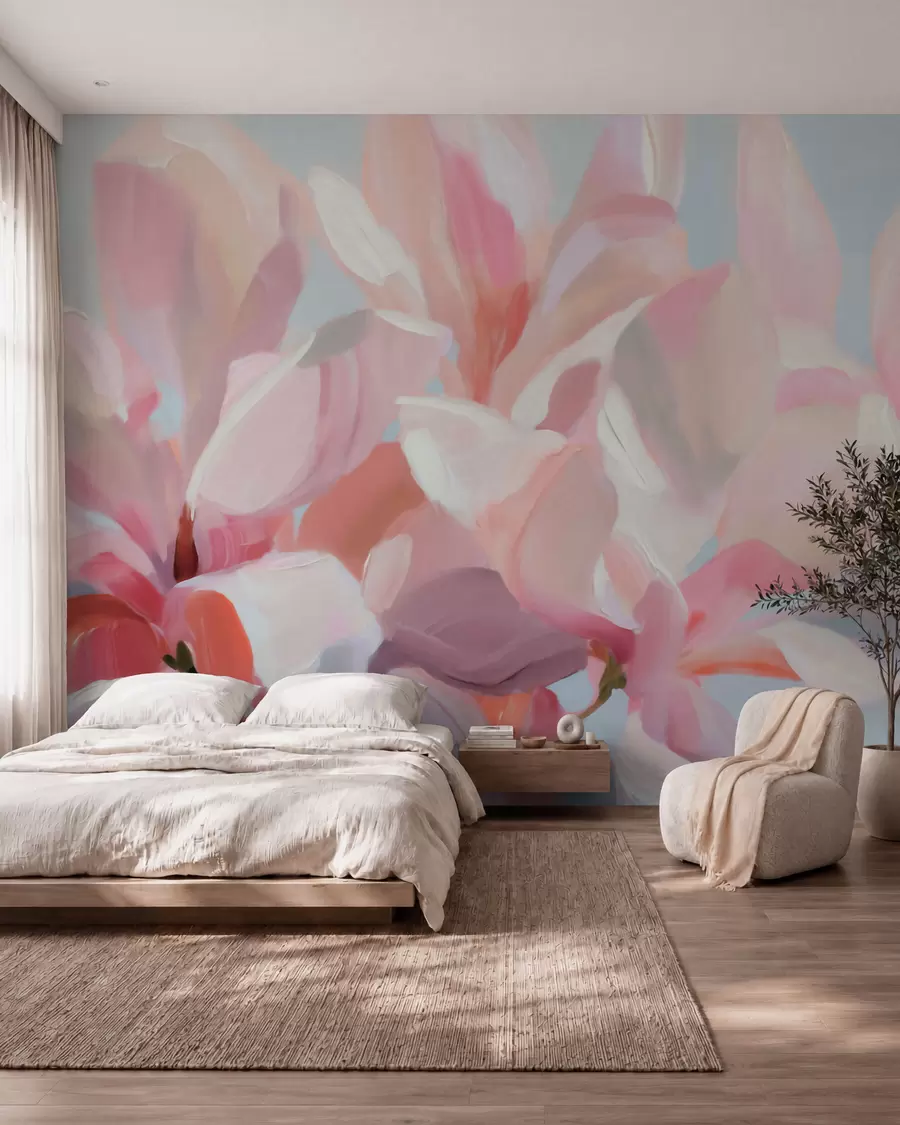 fototapeter Nærbilde av en rosa magnolia, i en imiterende, myk, malerisk stil w10043