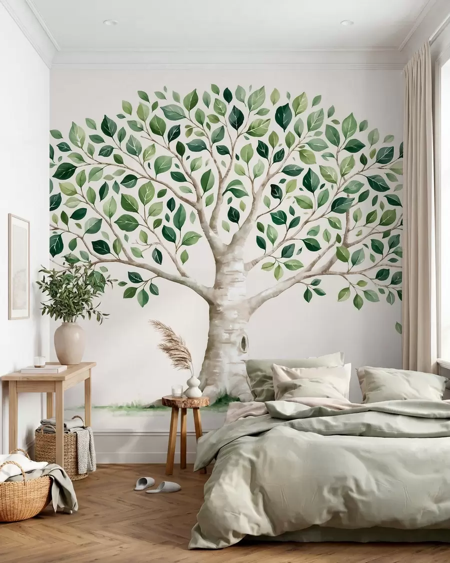 fototapeter Tre med grønt løvverk, i akvarellstil, minimalistisk w10046