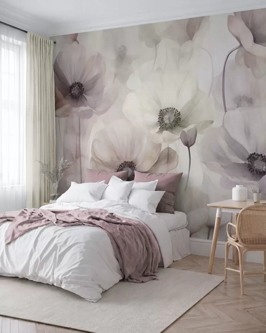 fototapeter Lysrosa og beige valmuer med delikate kronblader w10029