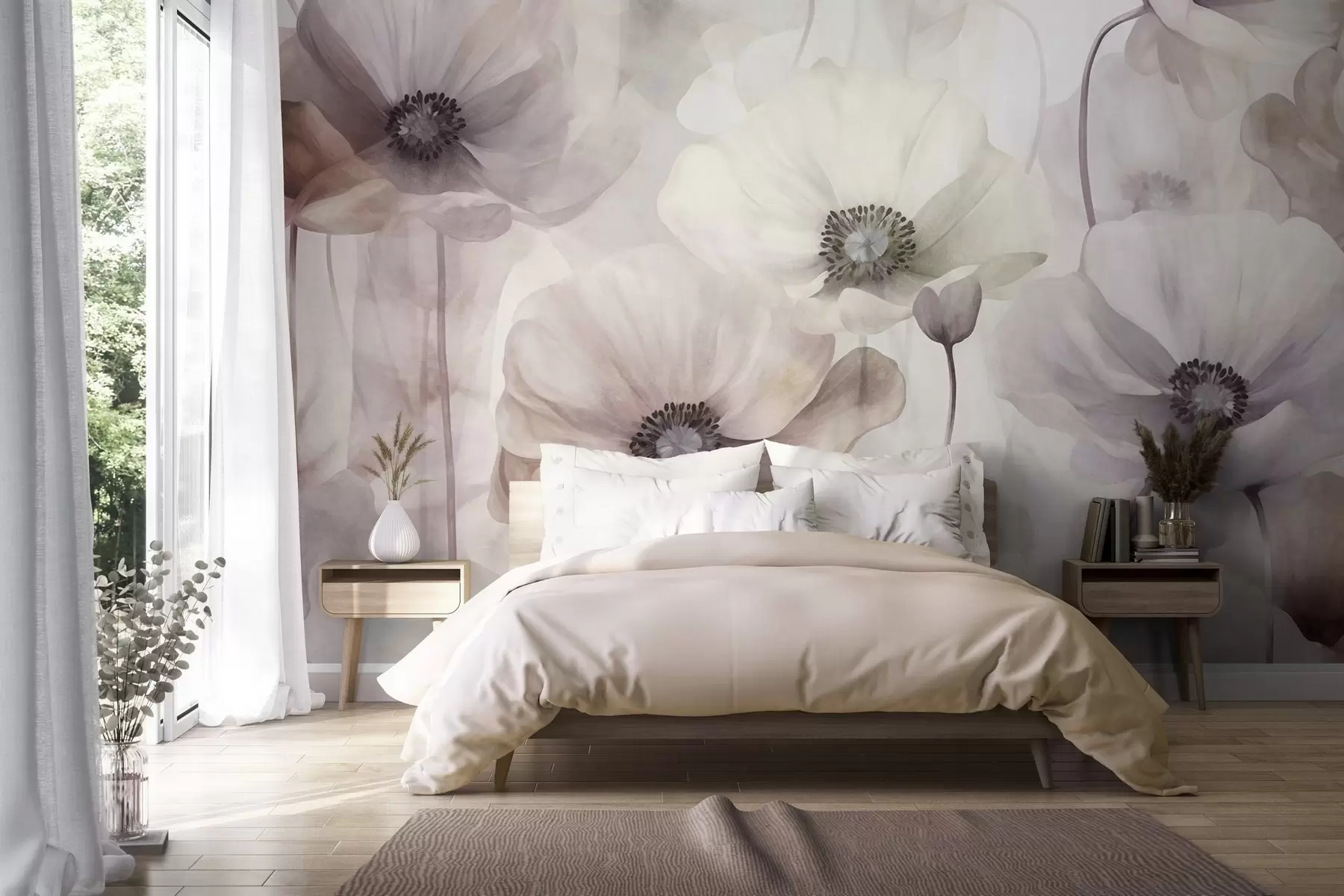 fototapeter Lysrosa og beige valmuer med delikate kronblader w10029