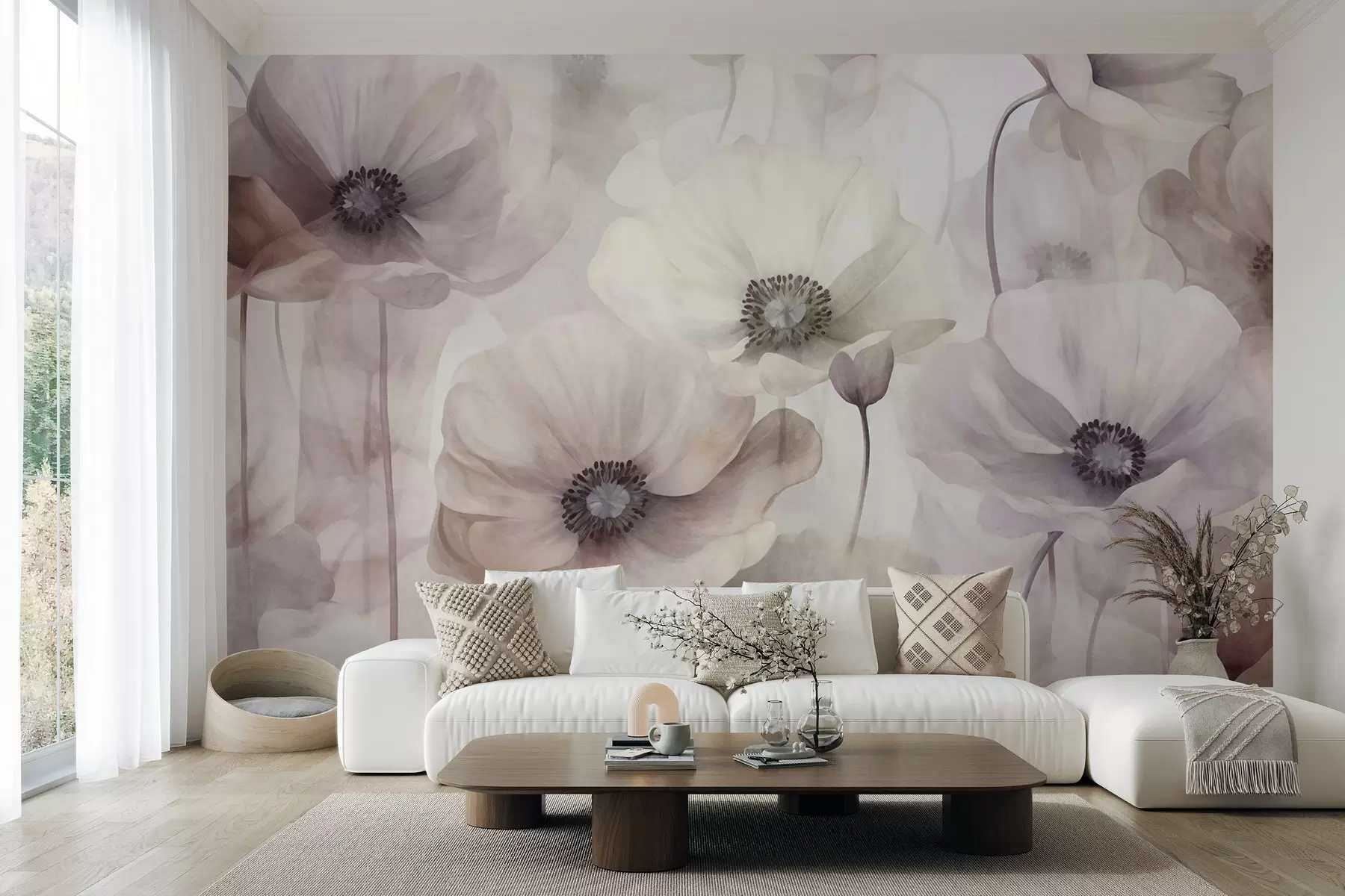 fototapeter Lysrosa og beige valmuer med delikate kronblader w10029