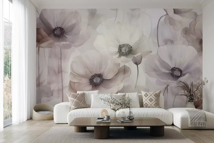 fototapeter Lysrosa og beige valmuer med delikate kronblader w10029