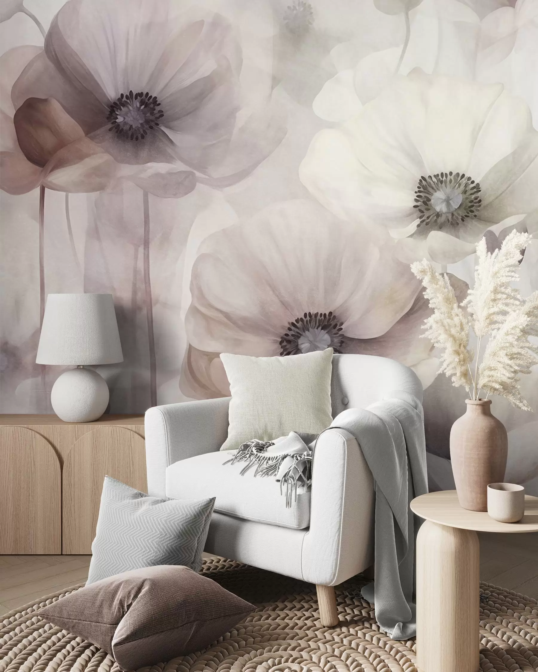 fototapeter Lysrosa og beige valmuer med delikate kronblader w10029