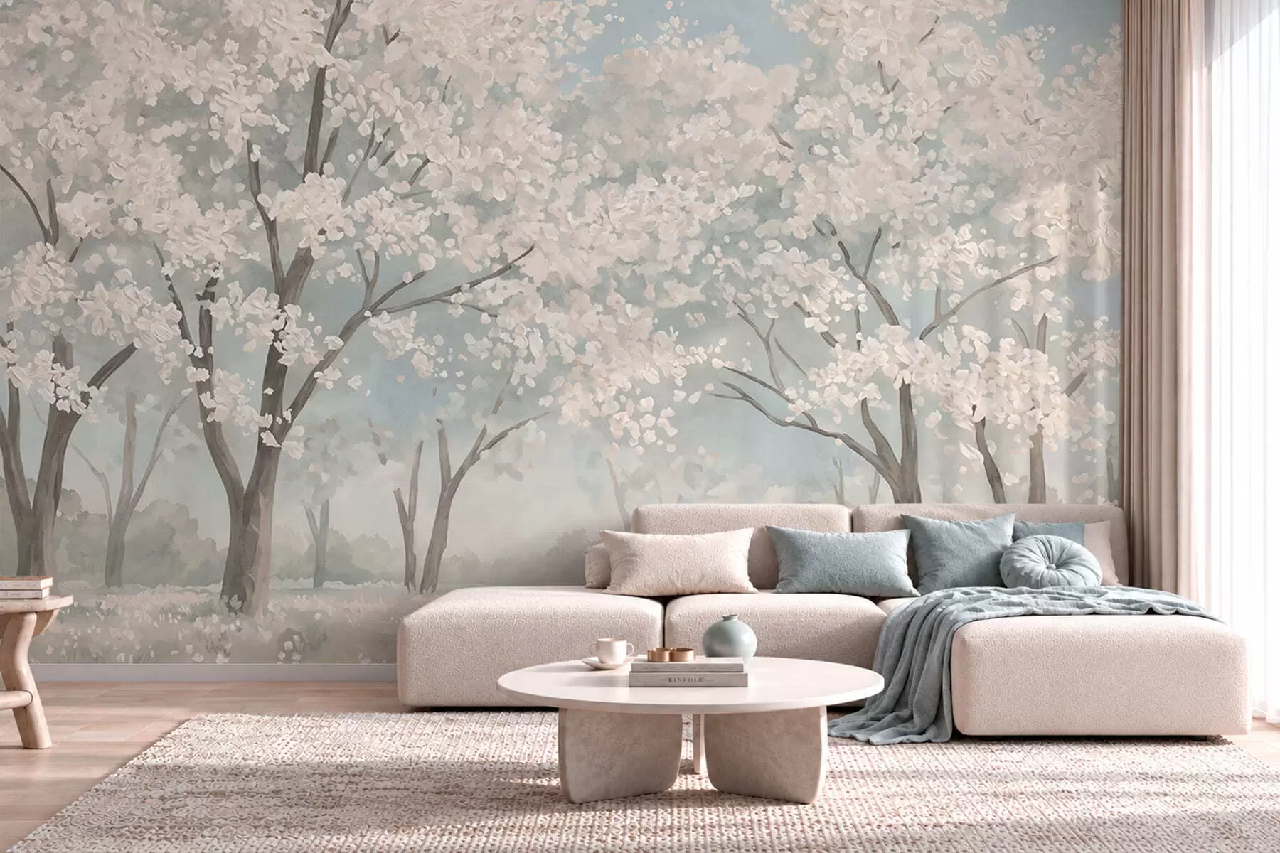 fototapeter Blekblomstrende trær på en eng i pastellfarger w05897