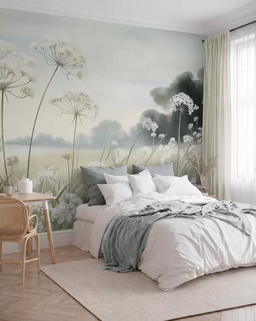 fototapeter Landskap med villblomster og høyt gress på en eng, dempede farger, strukturert w10032