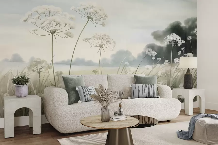 fototapeter Landskap med villblomster og høyt gress på en eng, dempede farger, strukturert w10032