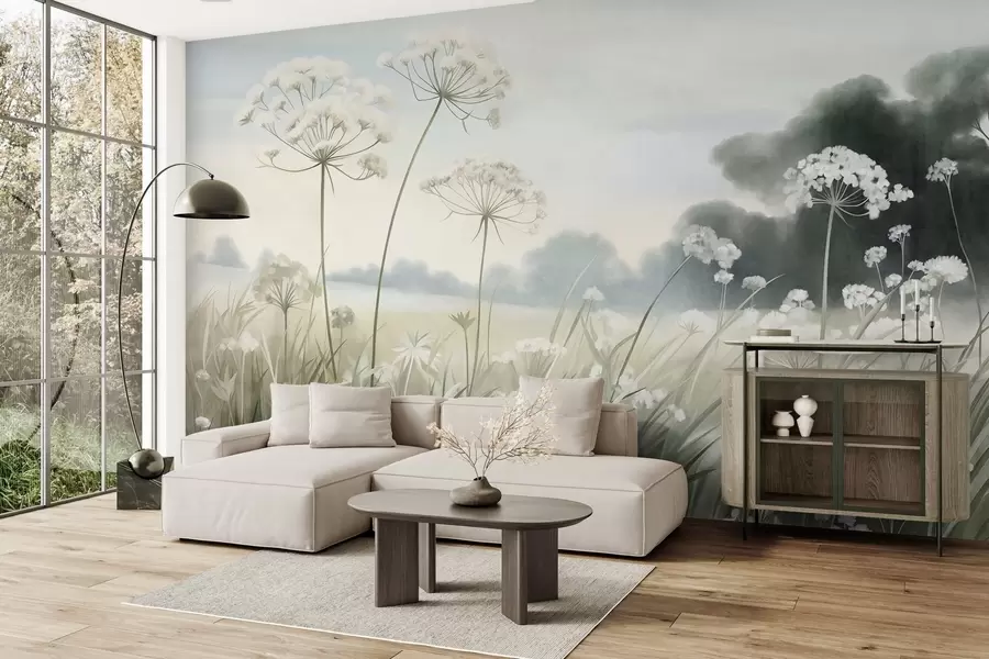fototapeter Landskap med villblomster og høyt gress på en eng, dempede farger, strukturert w10032