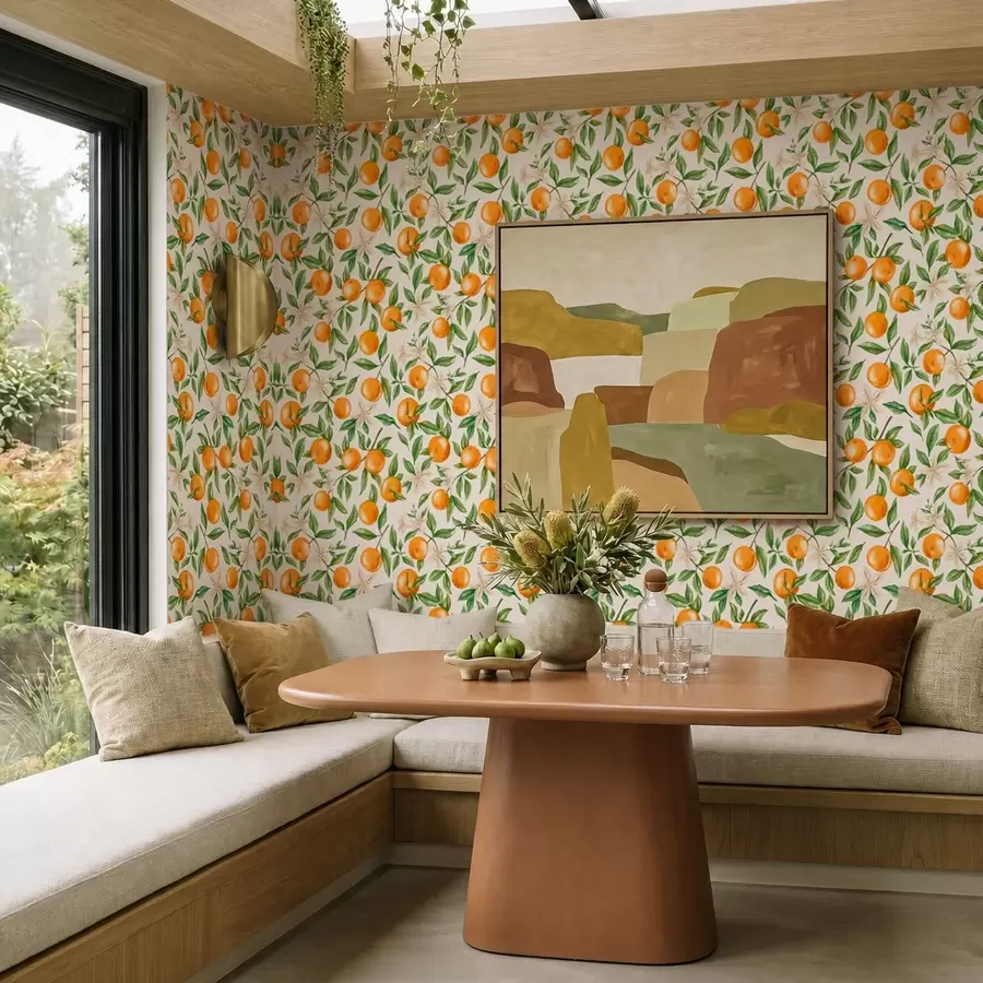 fototapeter Appelsiner, grønne blader og hvite blomster på lys bakgrunn a01262v1