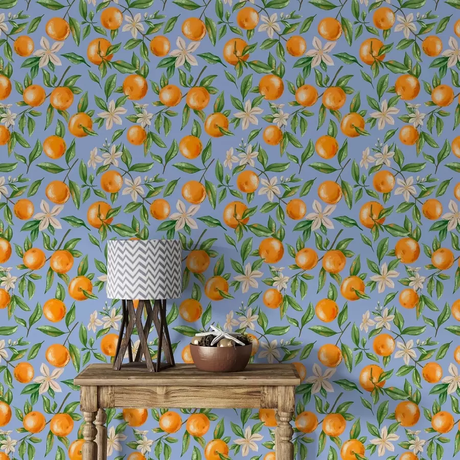 fototapeter Appelsiner, grønne blader og hvite blomster på blå bakgrunn a01262v2
