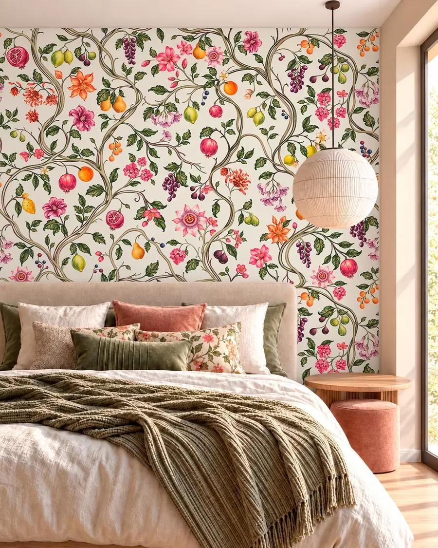 fototapeter Flettede grener med blomster, frukt og grønne blader w05862