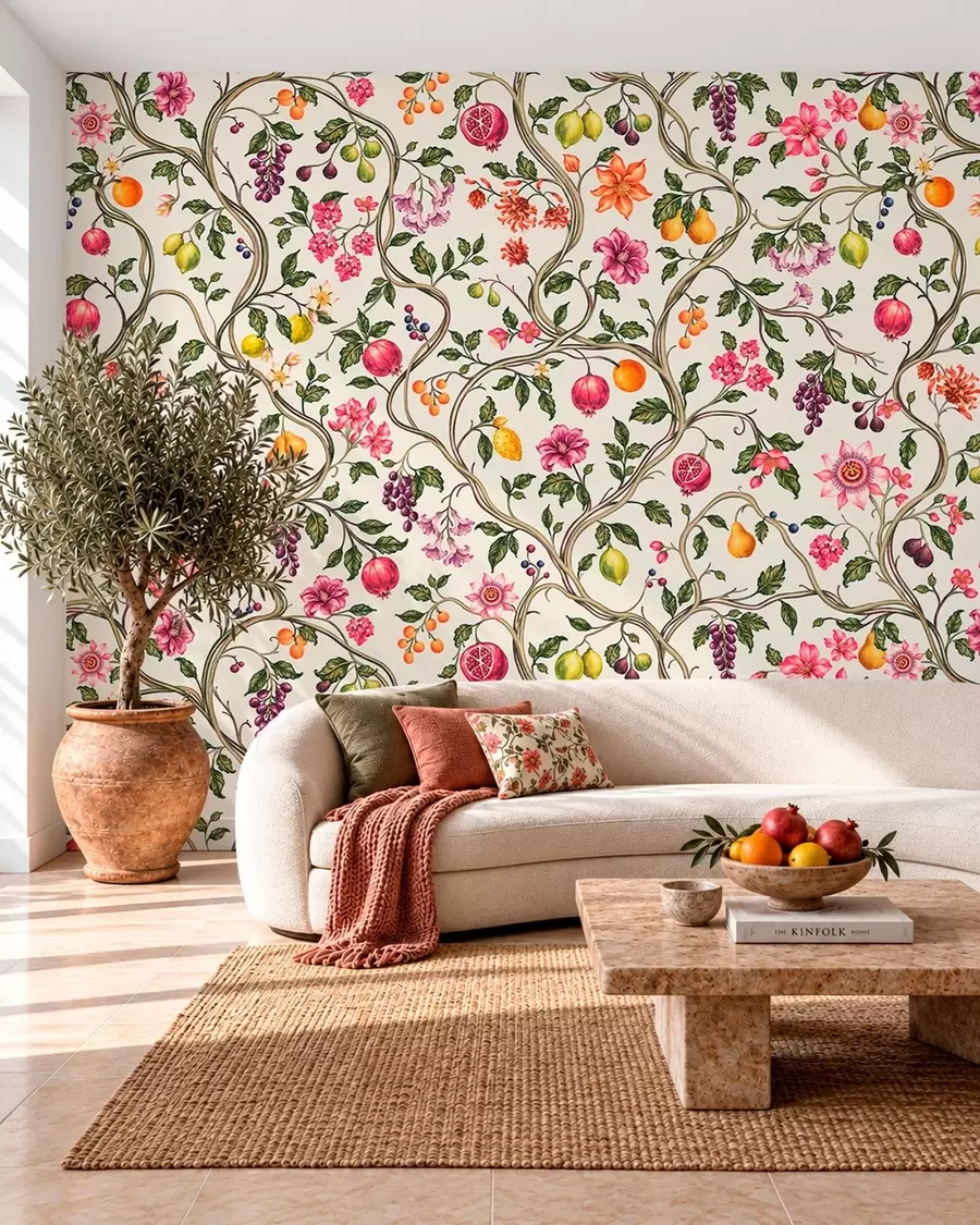 fototapeter Flettede grener med blomster, frukt og grønne blader w05862
