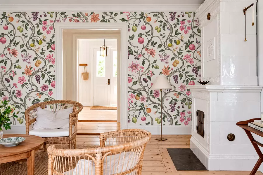 fototapeter Blomster- og fruktmønster med slyngende grener w05862v1