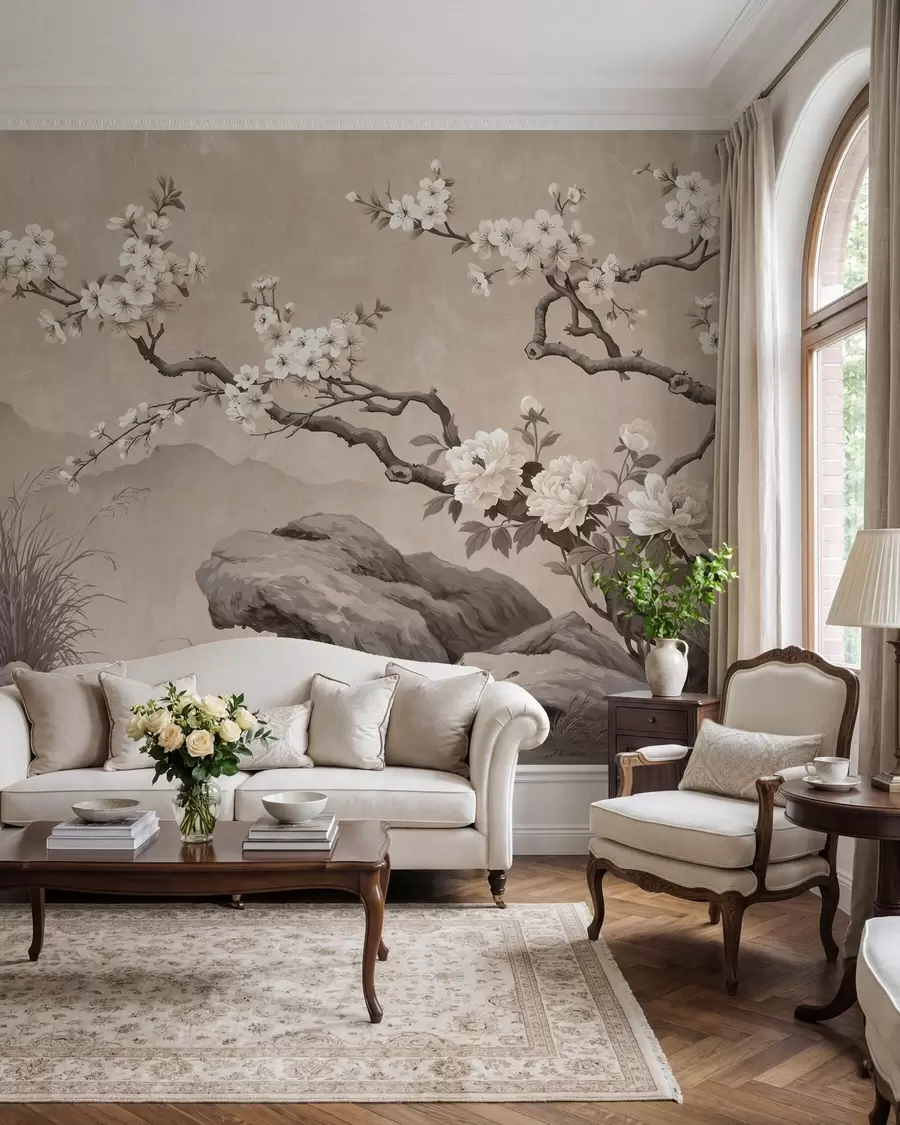 fototapeter En blomstrende kirsebærgren over steiner i lyse beige nyanser, i orientalsk malestil w10052