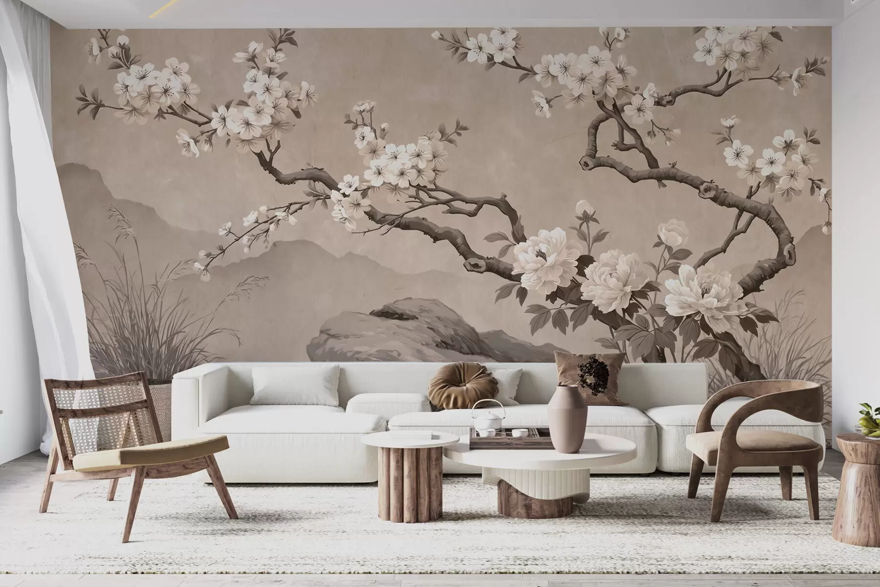 fototapeter En blomstrende kirsebærgren over steiner i lyse beige nyanser, i orientalsk malestil w10052