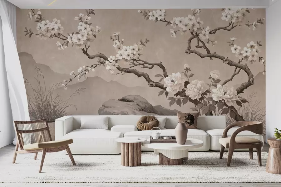 fototapeter En blomstrende kirsebærgren over steiner i lyse beige nyanser, i orientalsk malestil w10052