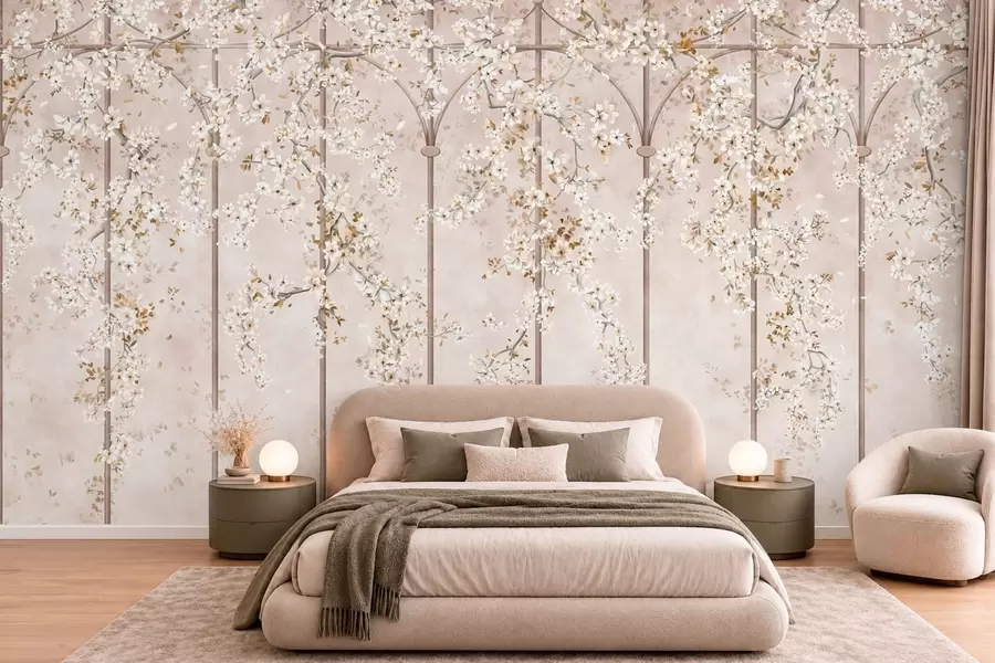 fototapeter Blomstrende hvite grener på et dekorativt espalier w05923