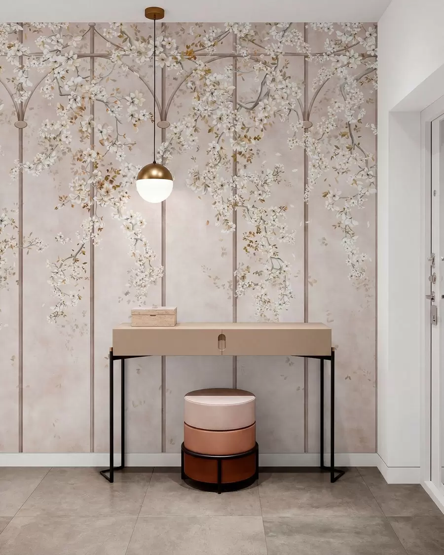 fototapeter Blomstrende hvite grener på et dekorativt espalier w05923