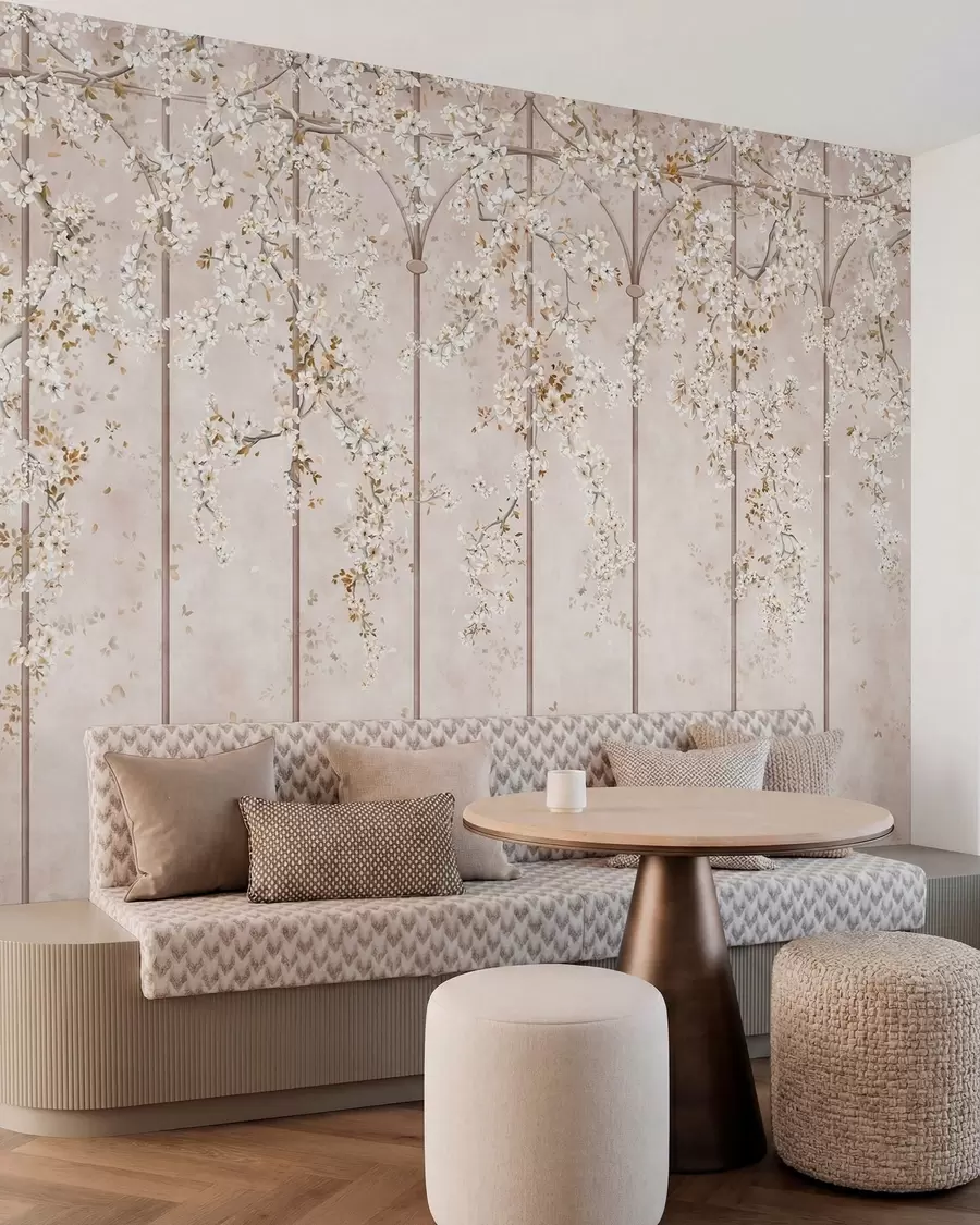 fototapeter Blomstrende hvite grener på et dekorativt espalier w05923
