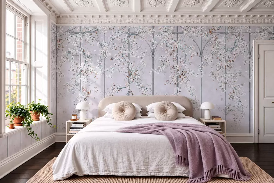 fototapeter Hvite, blomstrende grener på et blått og grått dekorativt espalier w05923v1