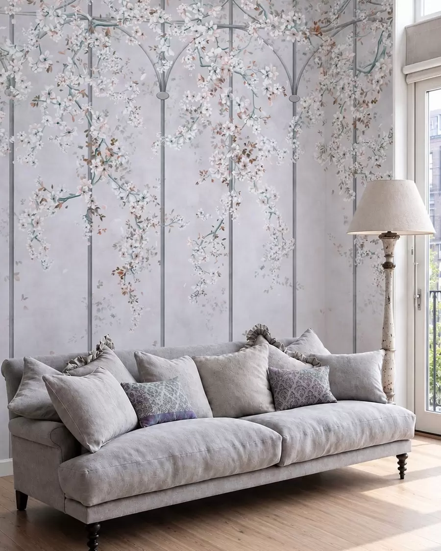 fototapeter Hvite, blomstrende grener på et blått og grått dekorativt espalier w05923v1