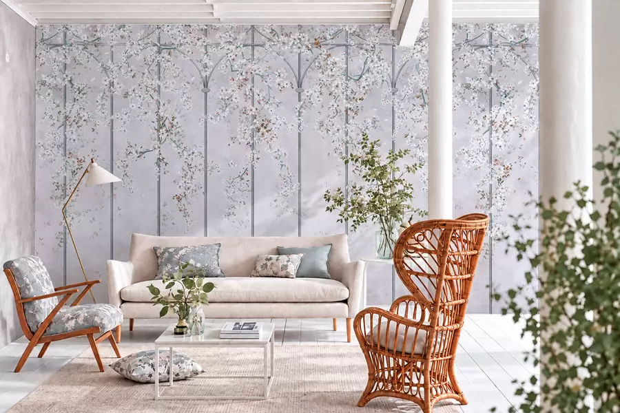 fototapeter Hvite, blomstrende grener på et blått og grått dekorativt espalier w05923v1