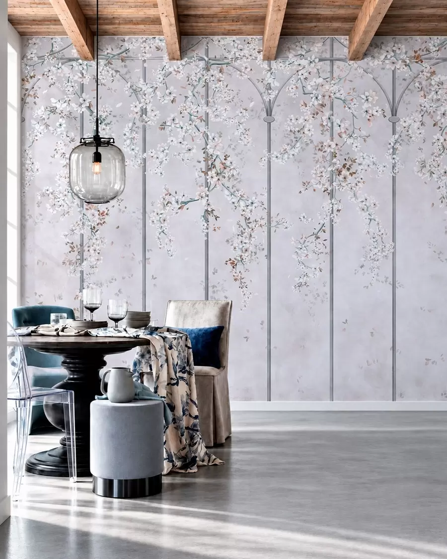fototapeter Hvite, blomstrende grener på et blått og grått dekorativt espalier w05923v1