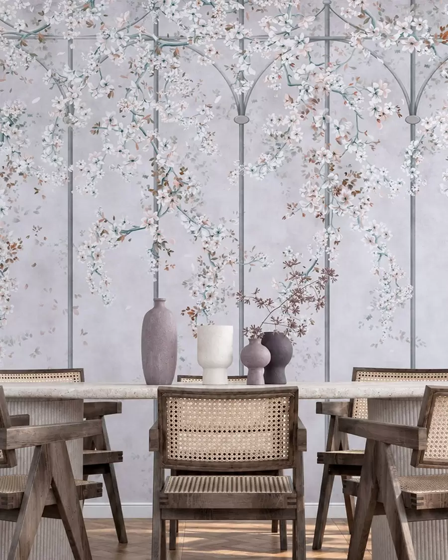 fototapeter Hvite, blomstrende grener på et blått og grått dekorativt espalier w05923v1