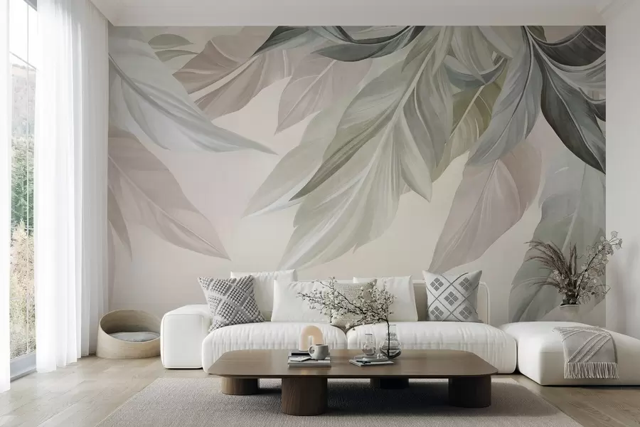 fototapeter Tropiske, store blader i dempede grønne, beige og rosa nyanser, lys bakgrunn med struktur w10054