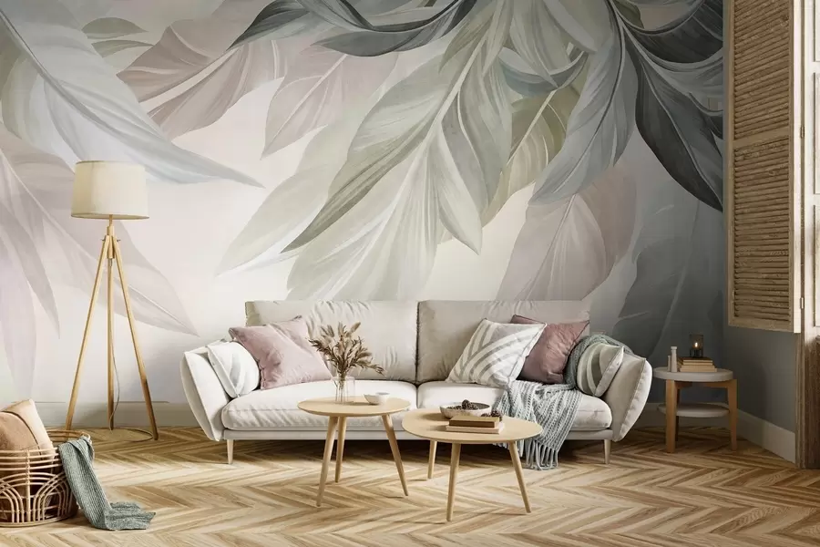 fototapeter Tropiske, store blader i dempede grønne, beige og rosa nyanser, lys bakgrunn med struktur w10054