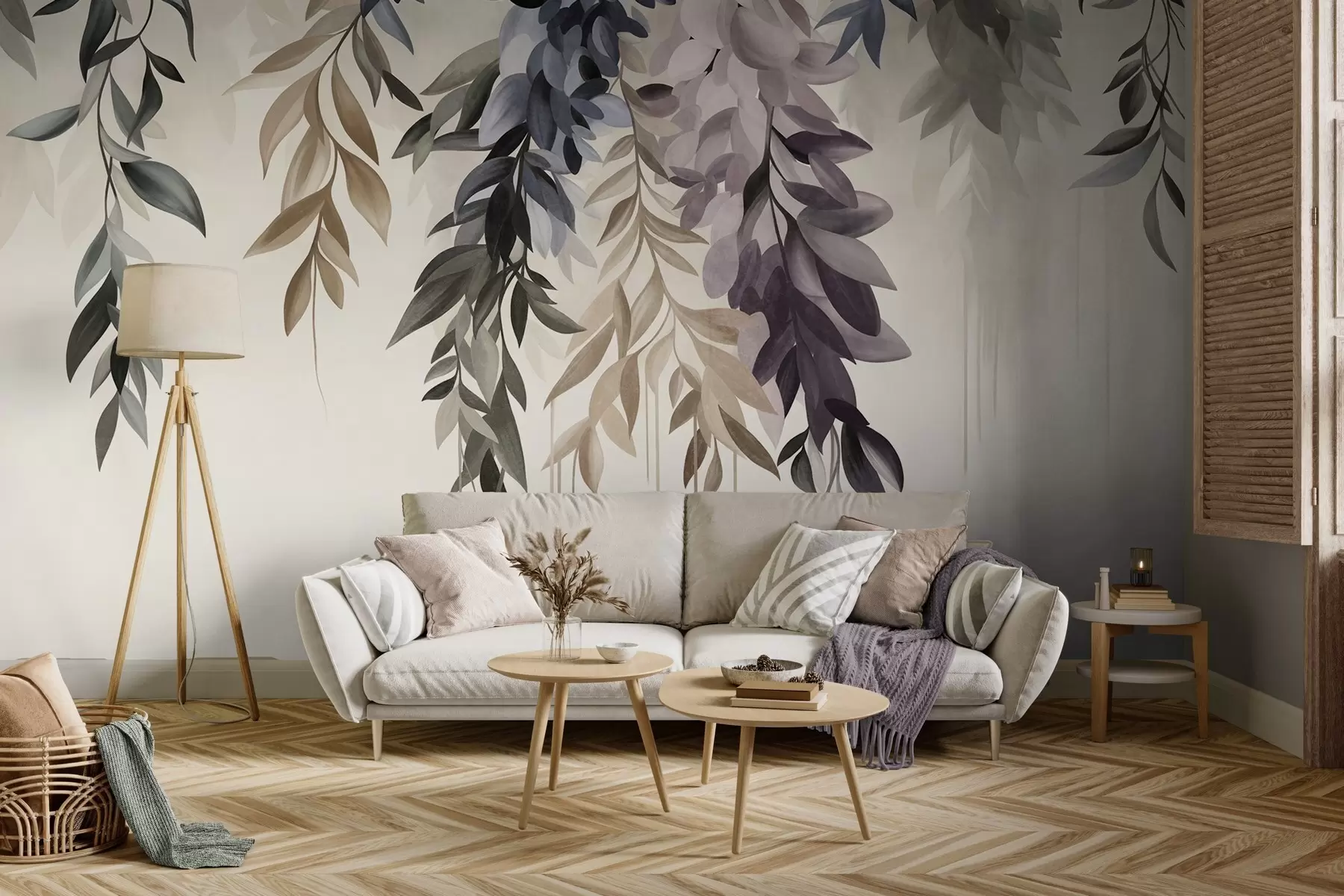 fototapeter Hengende abstrakte blader i nyanser av lilla, blått og beige, med lange, tynne stilker w10057