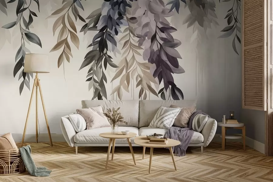 fototapeter Hengende abstrakte blader i nyanser av lilla, blått og beige, med lange, tynne stilker w10057