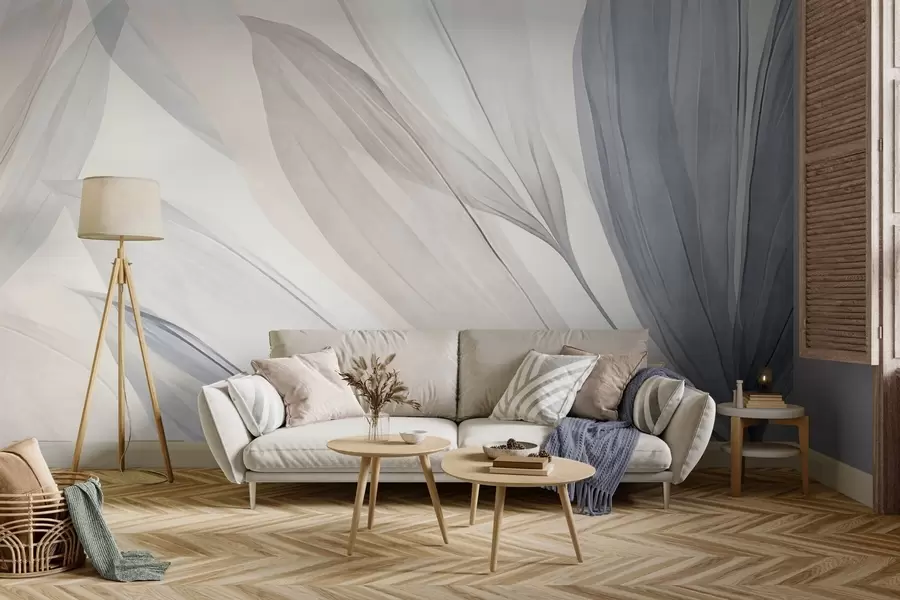 fototapeter Abstrakte, gjennomskinnelige blader i pastellrosa, beige og blå nyanser, med strukturert bakgrunn w10063