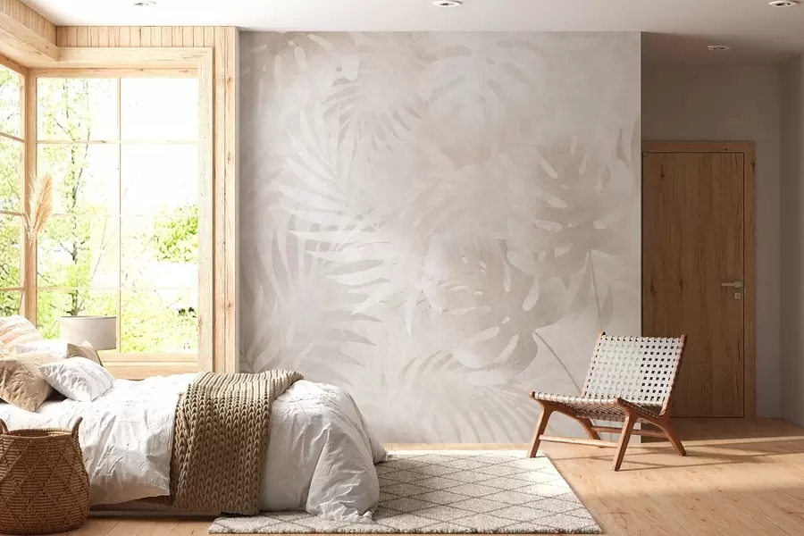 fototapeter Tropiske blader med grunge-effekt i pudderaktige beige nyanser w10080