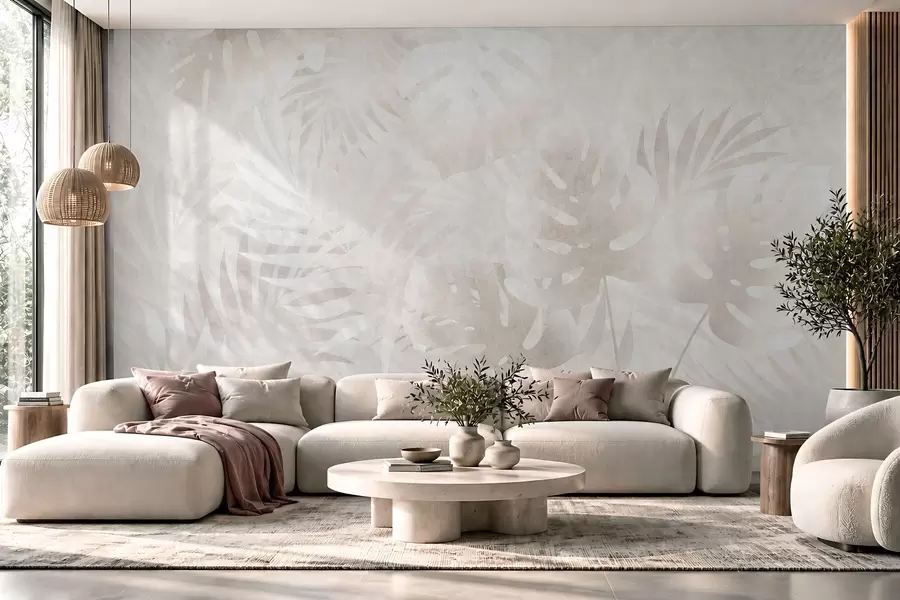 fototapeter Tropiske blader med grunge-effekt i pudderaktige beige nyanser w10080