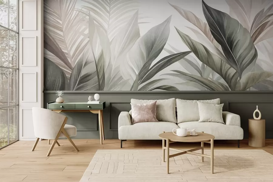 fototapeter Tropiske blader i nyanser av grønt og rosa, med struktur og store, moderne kunst w10055