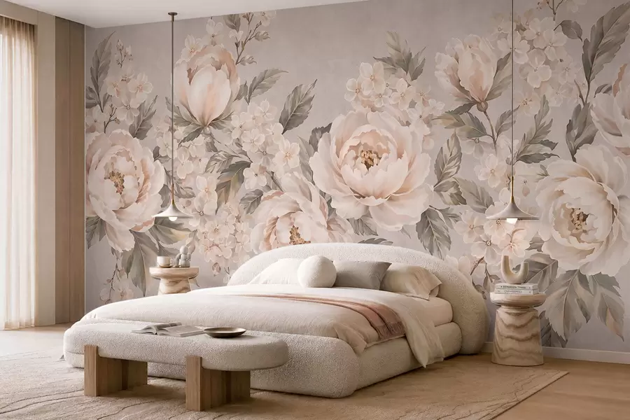 fototapeter Delikate kremfargede blomster og grønne blader i pastellfarger w05926