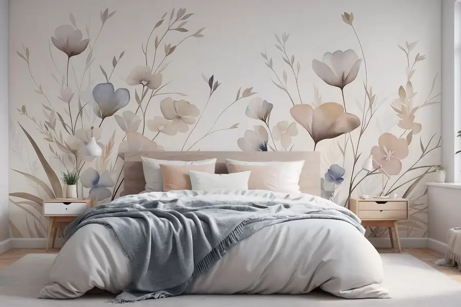 fototapeter Delikate villblomster i pastellfarger av blått, rosa og beige sammen med høyt gress w10065
