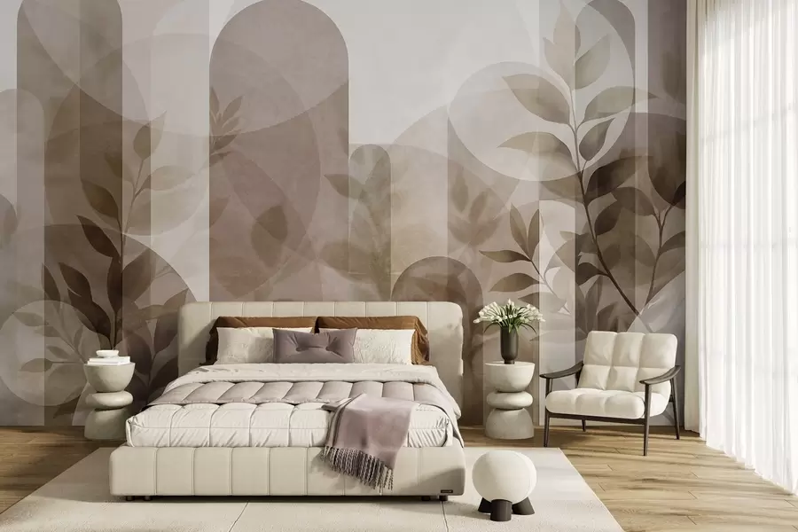 fototapeter Abstrakte geometriske elementer og delikate blader i dempede brune og beige nyanser w10088