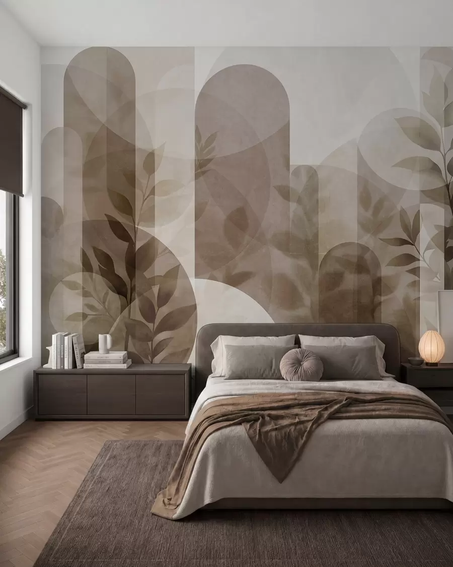fototapeter Abstrakte geometriske elementer og delikate blader i dempede brune og beige nyanser w10088