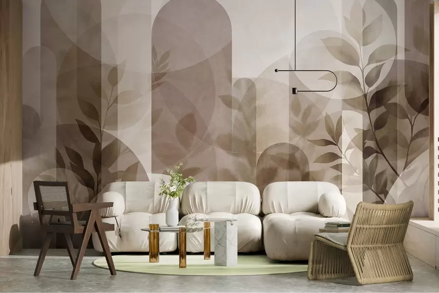 fototapeter Abstrakte geometriske elementer og delikate blader i dempede brune og beige nyanser w10088