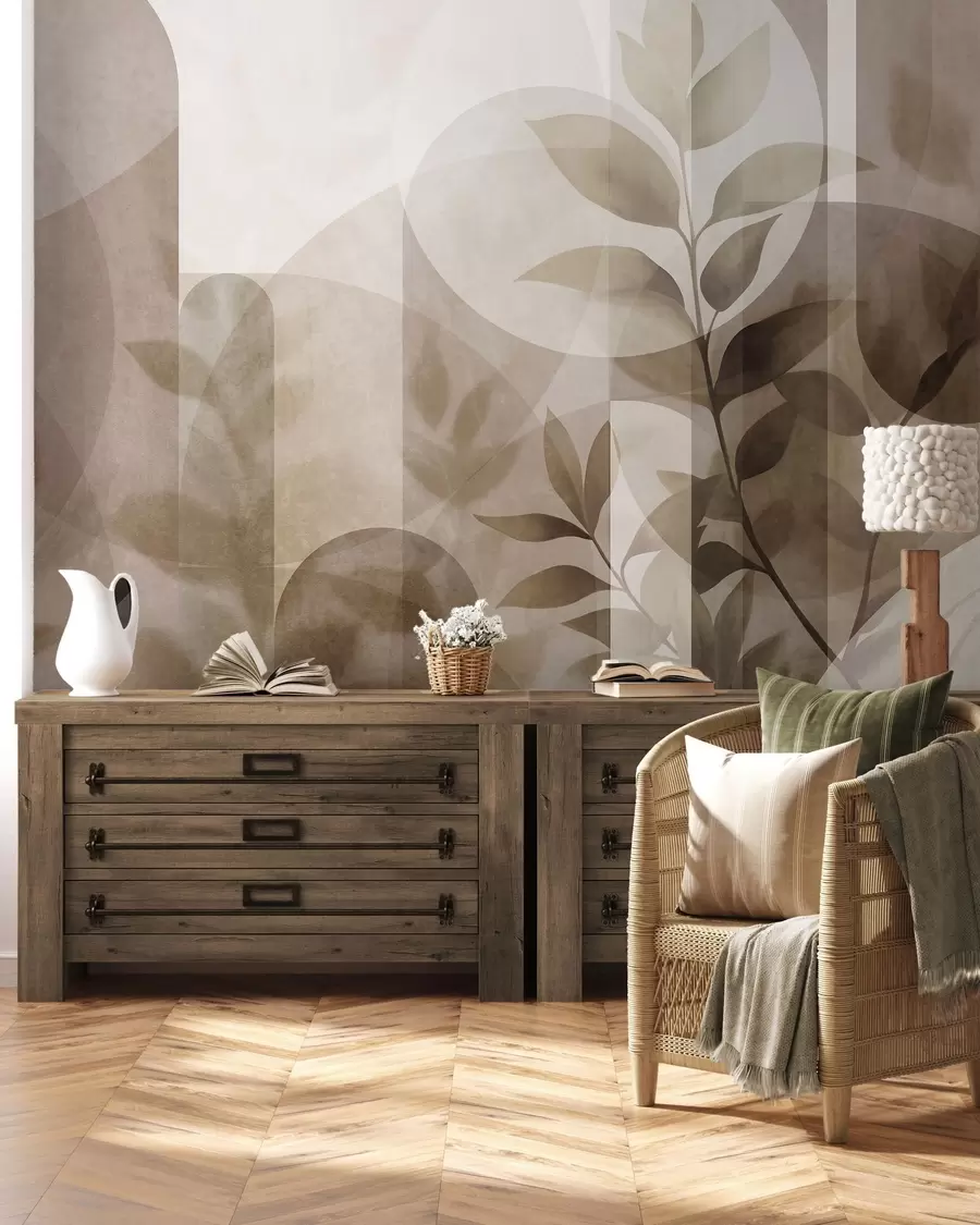 fototapeter Abstrakte geometriske elementer og delikate blader i dempede brune og beige nyanser w10088