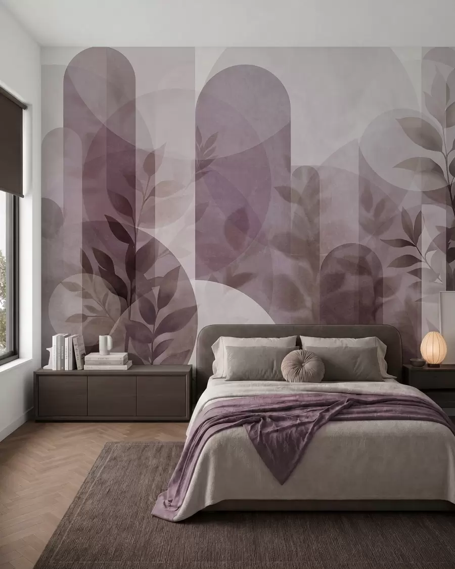 fototapeter Abstrakte geometriske elementer og delikate blader i dempet rosa w10088v2