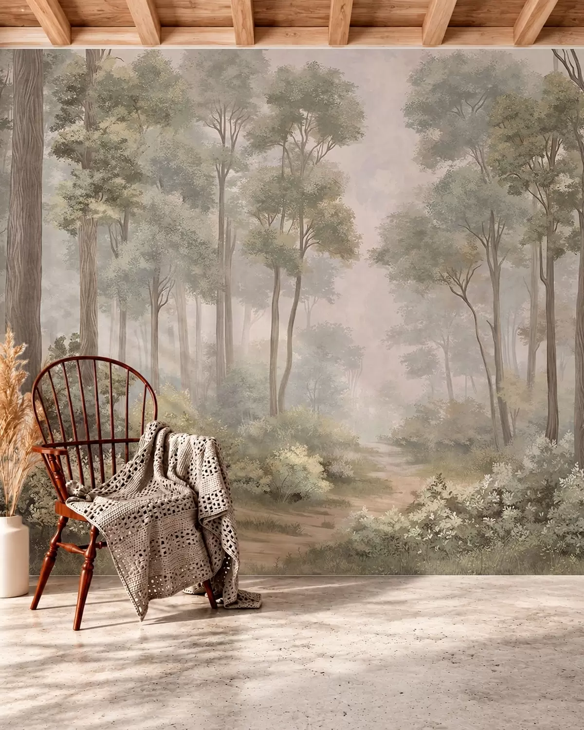 fototapeter En tåkete skog med en sti mellom trær og busker w05889v2